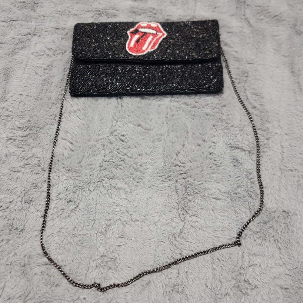 Rolling Stones Beaded Tongue Clutch Bag Womens Small Black Chain Crossbody Purse